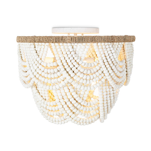 white flush mount light with wooden beads and a jute wrapped base